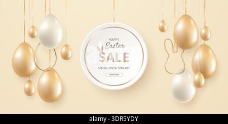 Easter sale banner design with up to 50 discount with realistic gold and white eggs on beige background. Stock Vector