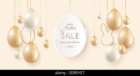 Easter sale banner design with up to 50 discount with realistic gold and white eggs on beige background. Stock Vector