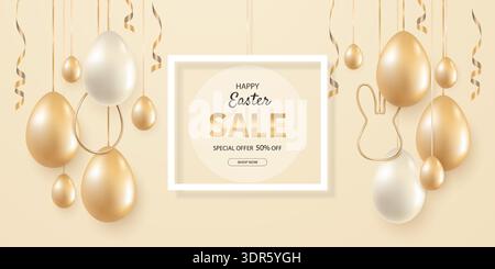 Easter holiday banner design with decorative golden eggs, serpentine and a square frame for sale or greeting text on a light beige background. Stock Vector