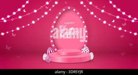 Easter postcard with a stage, podium, egg-shaped arch, garlands and decorative eggs on a scarlet background. Stock Vector