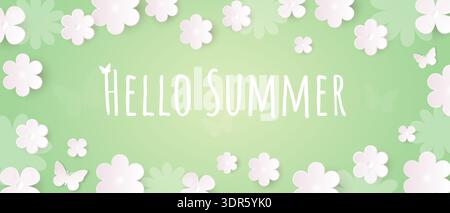 A summery, delicate floral background with text. A banner with white paper flowers on a green background. Stock Vector