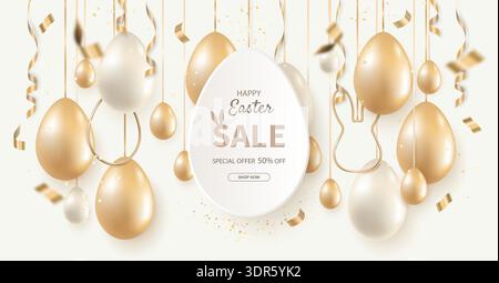 Easter sale banner design with decorative golden eggs and streamers on a light beige background. Stock Vector
