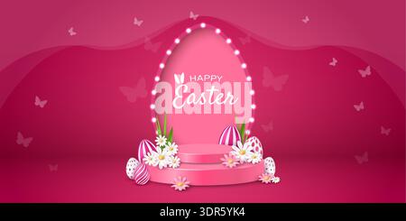 Happy Easter holiday background in scarlet with a stage, an arch in the shape of an egg, flowers and Easter eggs. Stock Vector