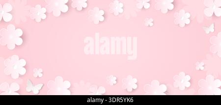 Floral background for spring and summer designs. A banner with white flowers on a pink background. Stock Vector