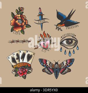 Vintage tattoo isolated with old school symbols swallow heart dagger Stock Vector