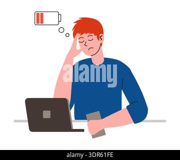 Severe fatigue from work. Young employee sits with closed eyes with laptop. Doodle vector illustration, low battery symbol. Stock Vector