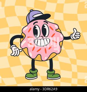 Groovy cartoon donut character vector illustration with pink icing and sprinkles, smiling retro doughnut mascot in vintage style on wavy checker Stock Vector