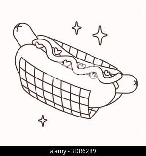 Cartoon hot dog in retro line style with sausage, bun and simple details on a light background. Cartoon hot dog line illustration with vintage look Stock Vector