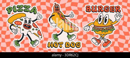 retro groovy food sticker set with cartoon pizza hot dog and burger characters on checker wavy background. Retro food characters in bold groovy style Stock Vector