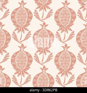 Pastel pink hand-drawn pomegranates block print look seamless vector pattern background. Vintage style backdrop in geometric vertical layout with Stock Vector