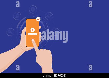 User entering password on smartphone with lock icon symbolizing secure login and account protection. Stock Vector
