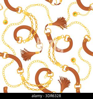 Leather belt with golden chains and vintage tassel seamless pattern. Vector illustration Stock Vector