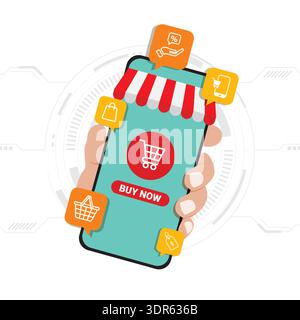 Smartphone with shopping app and floating commerce icons showing mobile buying and online retail concept. Stock Vector