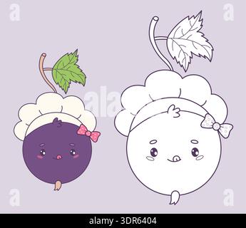 Cute Blackcurrant Chef Girl. Coloring Page. Isolated Outline Color and Funny Cartoon Berry Currant Character with Professional Hat. Vector illustratio Stock Vector
