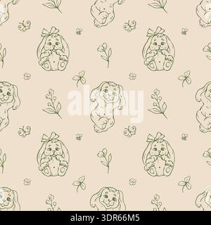 Seamless vector pattern with cute bunnies and flowers Stock Vector