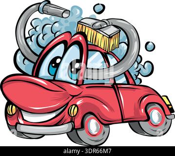 Cute, happy red car cartoon character mascot for a car wash logo, vector illustration Stock Vector