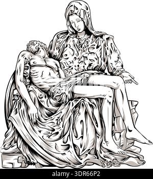 Hand drawn engraving style illustration of Michelangelo’s Pieta statue, isolated on a white background  Stock Vector
