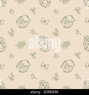 Whimsical seamless pattern with birdhouse, cute bunny and birds. Hand drawn outline illustration Stock Vector