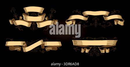 Set of scroll ribbon banners in Barocco style. Hand drawn engraving for your text in vintage traditional technique. For wedding, events, birthday and Stock Vector