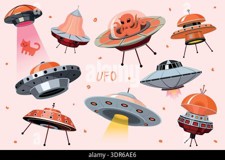 A set of UFO a range of unidentified flying objects with different designs of alien ships in retro sci fi vision but in modern style. Sauser with cute Stock Vector
