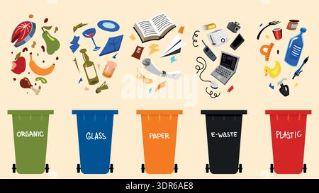 Set of five recycling trash bins for waste sorting. Recycle and management. Containers for different garbage. electronics, organic, paper, plastic Stock Vector