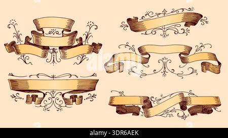 Set of scroll ribbon banners in Barocco style. Hand drawn engraving for your text in vintage traditional technique. For wedding, events, birthday and Stock Vector