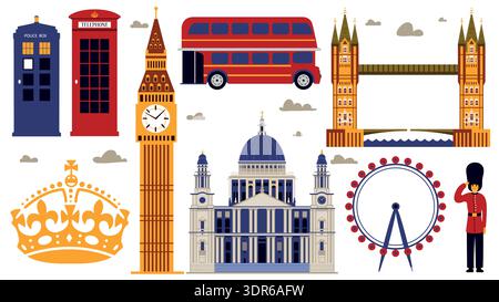 London and UK symbols and architecture. st. Paul cathedral, Big Ben and Tower bridge. Double decker bus and telephone box landmarks and elements for Stock Vector