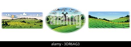 Rustic meadow hand drawn village landscape illustrations with fields and windmill. Beautiful scentic view for milk, cheese farm products. Eco food. Stock Vector