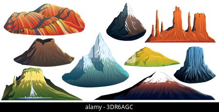 Set of different realistic Mountain icons, stylised peaks and volcanos. Rainbow mountain, Everest, Death Valley, Fujiyama and matterhorn. Stock Vector