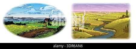 Rustic meadow hand drawn village landscape illustrations with fields and windmill. Beautiful scentic view for milk, cheese farm products. Eco food. Stock Vector
