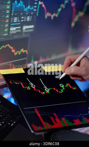 Technical analysis trading strategy candlestick chart signals. Trader using stylus tablet screen marking breakout zones support resistance levels mark Stock Photo