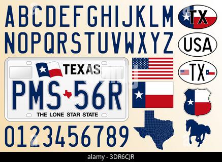 Texas state vintage car license plate, letters, numbers and symbols, vector illustration, United States of America Stock Vector