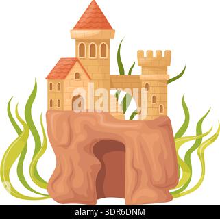 Castle aquarium decoration. Underwater stone building cartoon icon isolated on white background Stock Vector