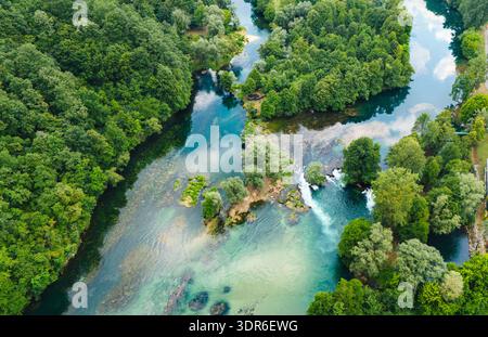 Aerial View of Emerald Green Una River Water Textures, Bosnia and Herzegovina Stock Photo