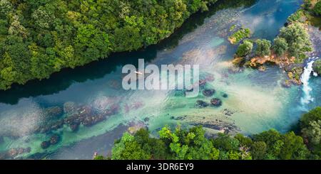 Aerial View of Emerald Green Una River Water Textures, Bosnia and Herzegovina Stock Photo