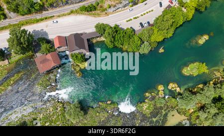 Aerial View of Emerald Green Una River Water Textures, Bosnia and Herzegovina Stock Photo
