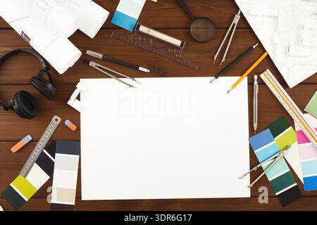 Collage of Art and Design Tools on a Wooden Table for Creative Projects Stock Photo