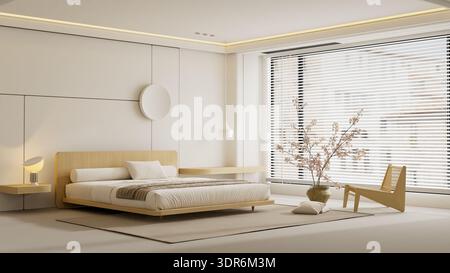 Wide angle modern minimalist bedroom interior featuring floating wooden bed, ambient lighting and neutral palette, ideal for residential and hospitali Stock Photo