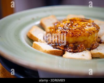 Gourmet sweet potato timbale with traditional Canarian almogrote cheese and a drizzle of palm honey Stock Photo