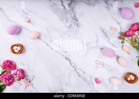 Spring Flat Lay with Easter Eggs and Flowers Stock Photo