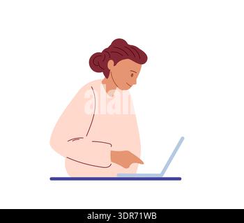Young woman in profile Types text on laptop. Vector illustration for tech companies, coworking spaces, women empowerment. Stock Vector