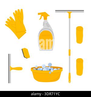 Window washing: basin with soapy water, window scrapers, gloves, cleaning products, and wipes. Yellow vector illustration. Stock Vector