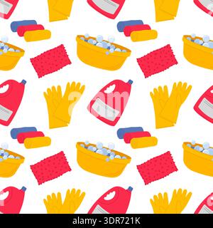 Household cleaning seamless pattern: soapy water, brushes, specialized cleaning products. Repeating background for wallpapers. Stock Vector