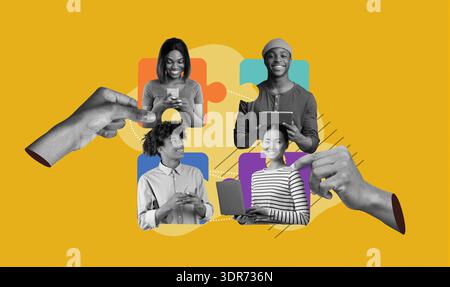 Collage of People Using Devices and Connecting in a Modern Space Stock Photo