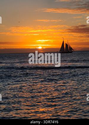 EDITORIAL USE ONLY- KEY WEST FLORIDA:  Dramatic Orange Sunset over the Ocean with Schooner Silhouette. ​A vibrant, saturated orange sunset over choppy ocean waters. A two-masted schooner is silhouetted against the horizon as birds fly overhead. Stock Photo