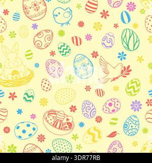 Easter seamless pattern with eggs, flowers, bunny, chick, and dove on pale yellow background, featuring colorful designs and stripes. Stock Vector