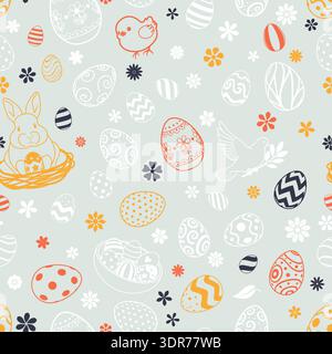 Easter seamless pattern with eggs, bunnies, chicks, flowers on light green background. Stock Vector