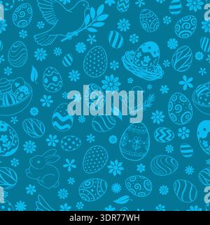 Easter seamless pattern with blue eggs, bunnies, birds, flowers on a solid blue background, perfect for holiday designs. Stock Vector