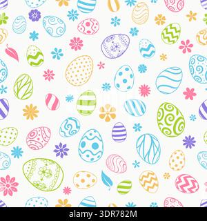 Easter seamless pattern with colorful eggs and flowers on white background for holiday designs and decorations. Stock Vector