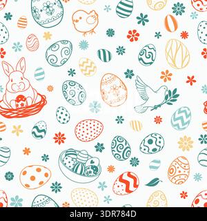 Easter seamless pattern with eggs, bunny, chick, dove, flowers on white background. Stock Vector